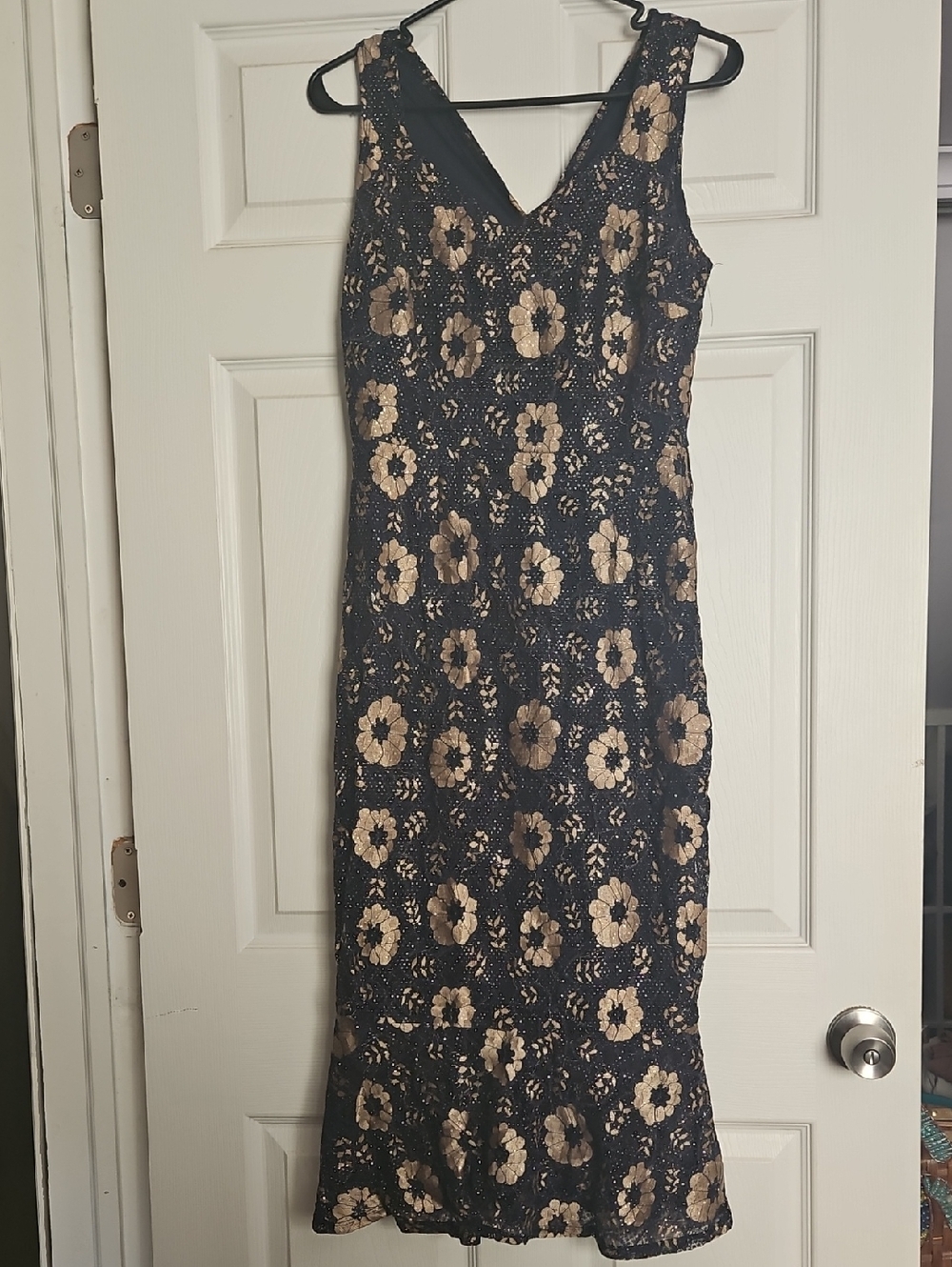 Enfocus Studio Navy Midi Dress with Gold Floral Lace